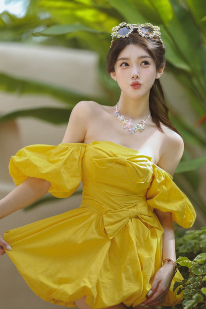 Bonnie Puff Strapless Mini Dress in Yellow