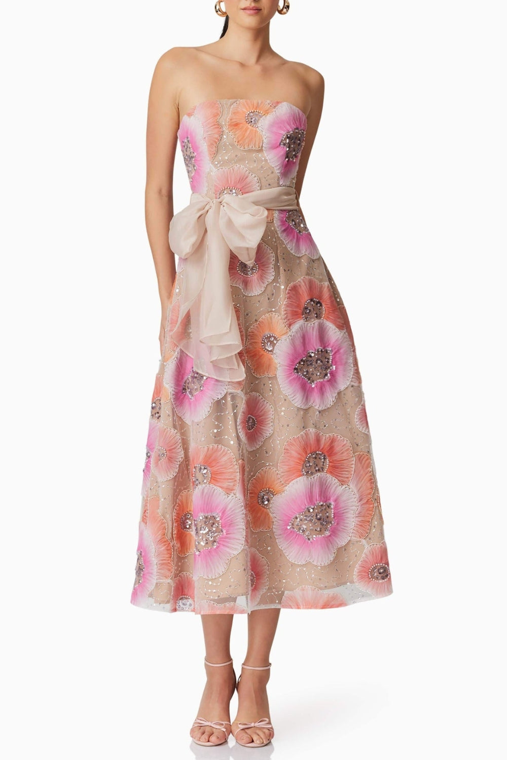 Strapless Flower Sequin Embellished Midi Dress Avalabel