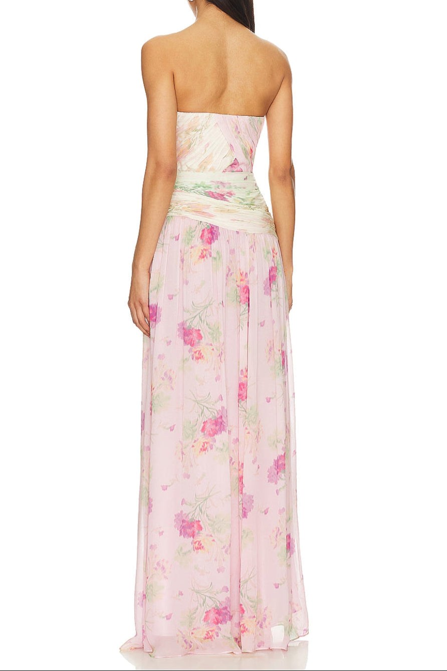 PINTIL STRAPLESS PLEATED FLORAL MAXI DRESS IN MULTI Avalabel