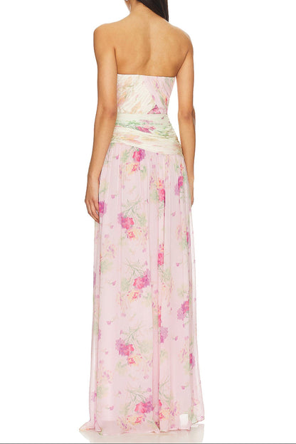 PINTIL STRAPLESS PLEATED FLORAL MAXI DRESS IN MULTI Avalabel