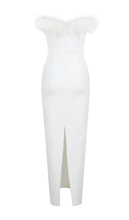 FEATHER BODYCON MAXI DRESS IN WHITE
