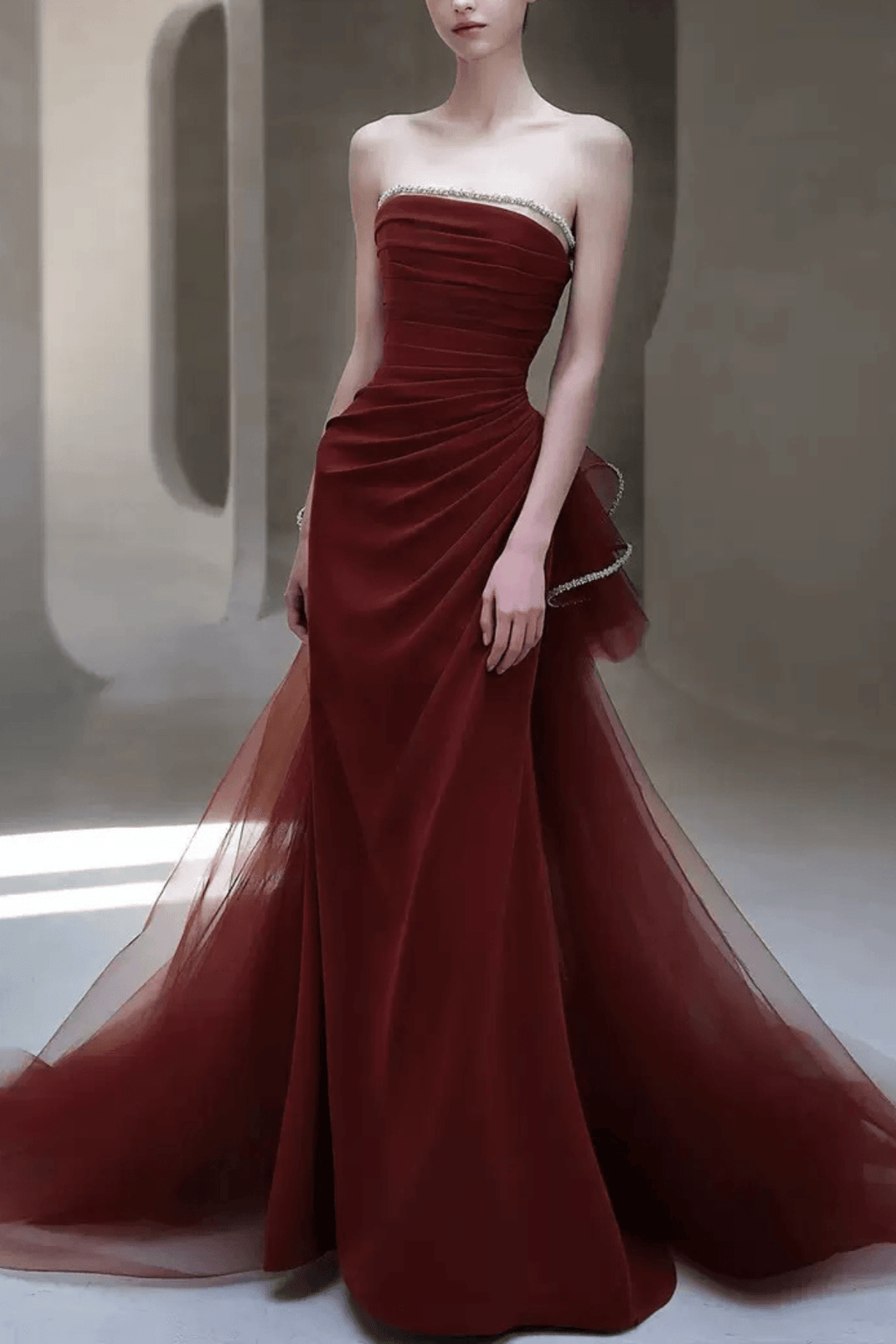 Cora Burgundy Strapless Ruched Tulle Dress Avalabel