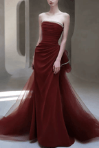 Cora Burgundy Strapless Ruched Tulle Dress Avalabel