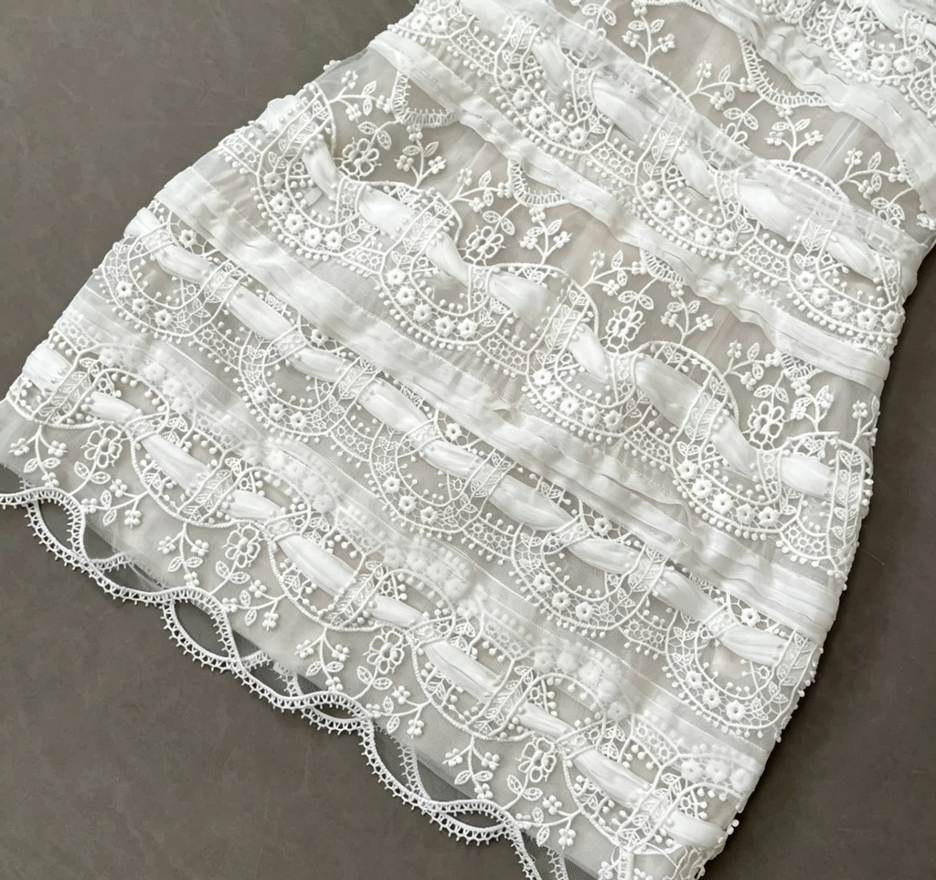 Strapless Scalloped Lace Tiered Mini Dress poava