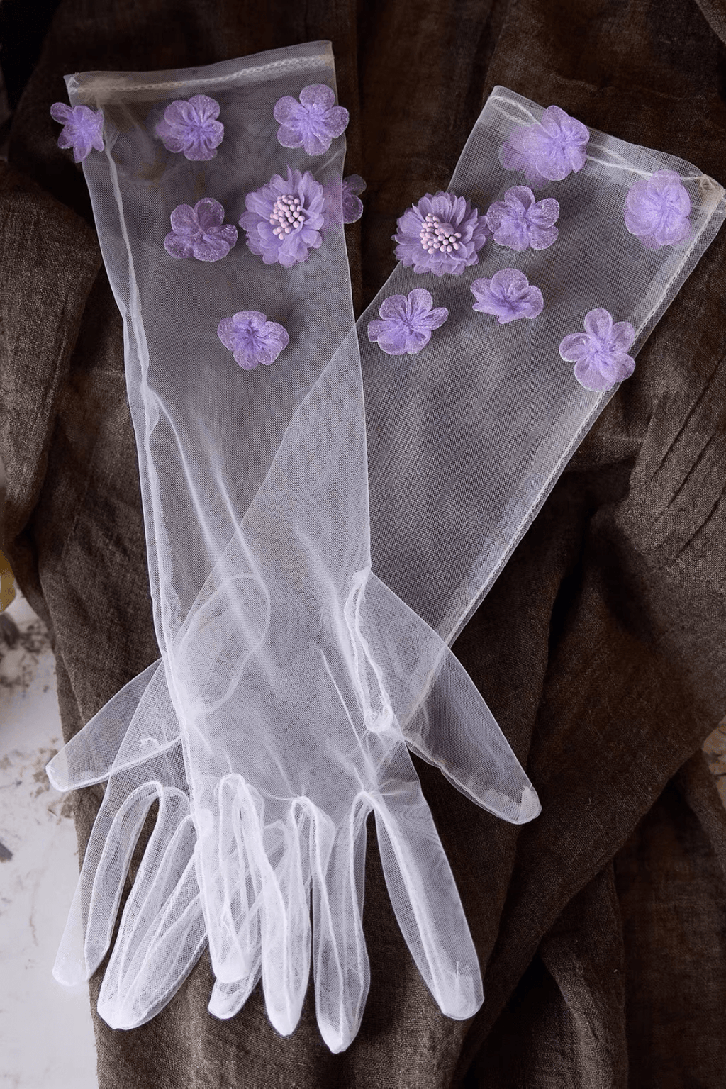 Purple 3D Flower Decor Sheer Tulle Long Gloves Avalabel