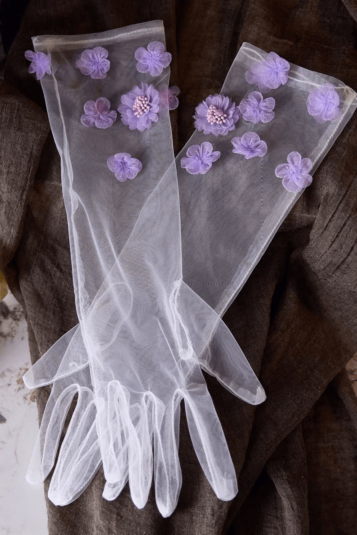 Purple 3D Flower Decor Sheer Tulle Long Gloves Avalabel