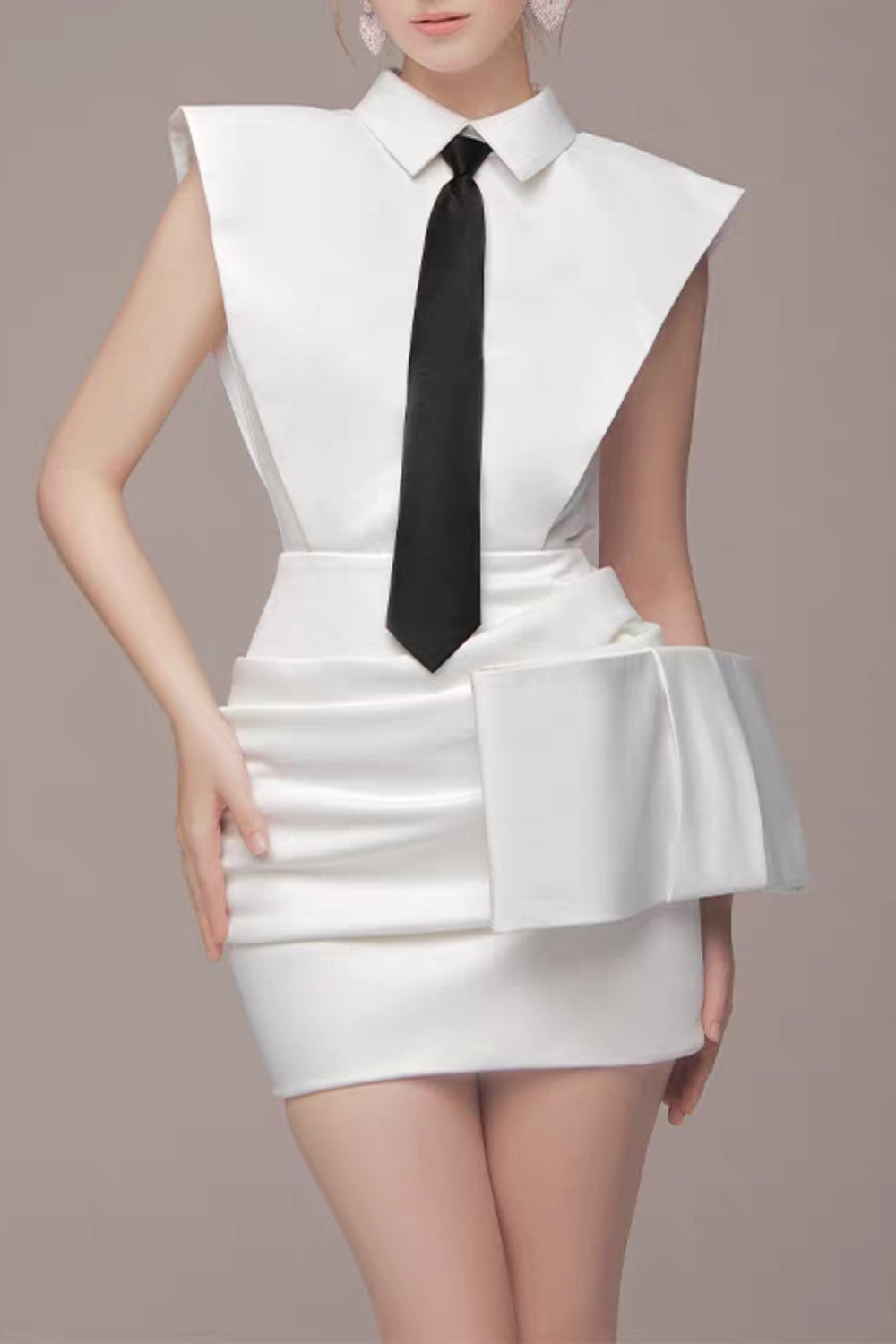 White Bowknot Mini Dress With Necktie Avalabel