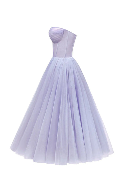 Lavender Strapless Puffy Midi Tulle Dress Avalabel