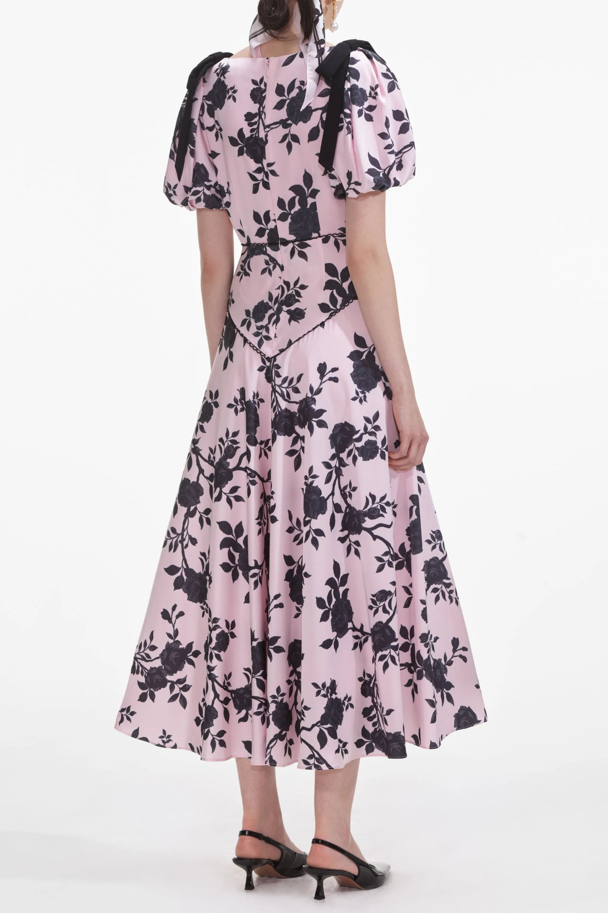 V-Neck Satin Floral Midi Dress in Pink Avalabel