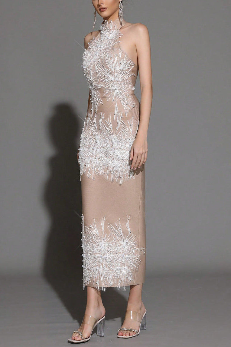 Pandora Sleeveless Beaded Tassel Sequin Bandage Maxi Dress - Khaki