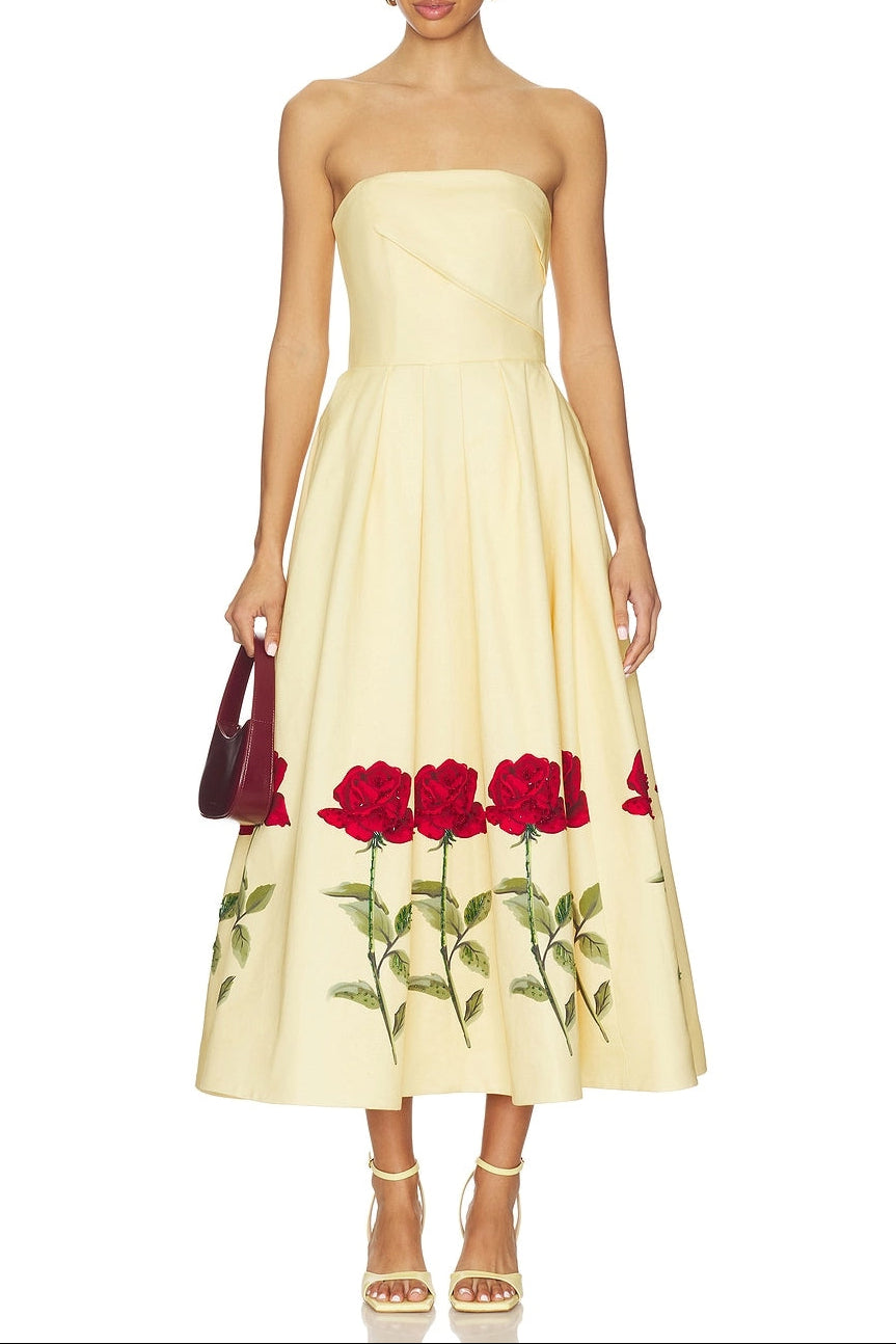 Leona Satin Floral Print Off-Shoulder Midi Dress Avalabel