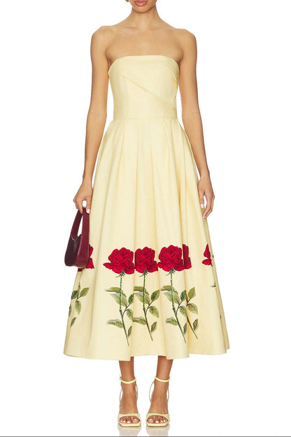 Leona Satin Floral Print Off-Shoulder Midi Dress Avalabel