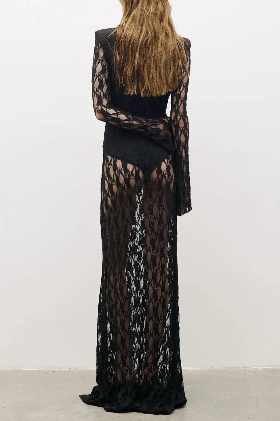 gwendolyn v neck hollow long sleeve lace maxi dress  in black Avalabel