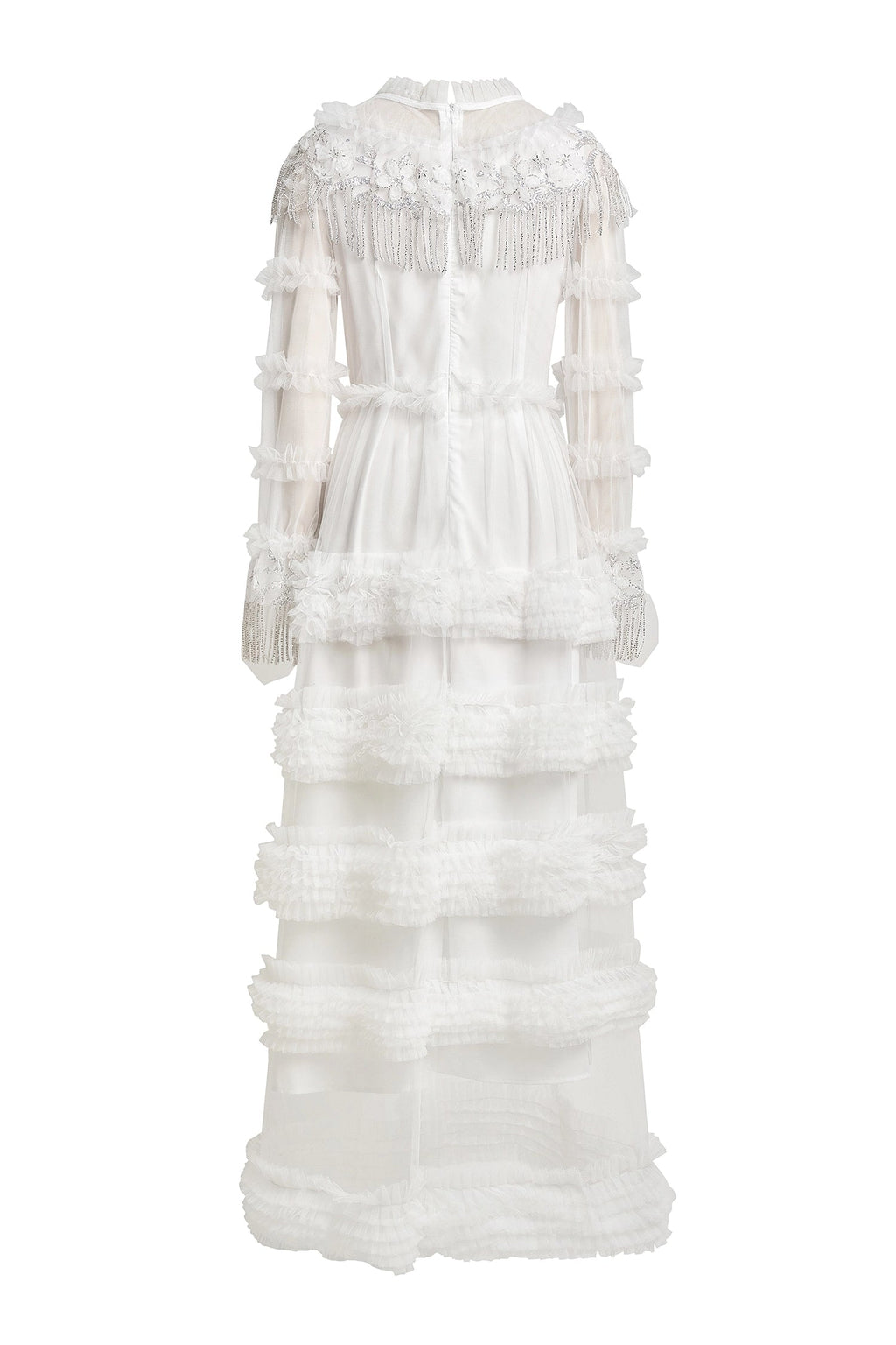 Kimberley White Beaded Frill Round Neck Midi Dress Avalabel