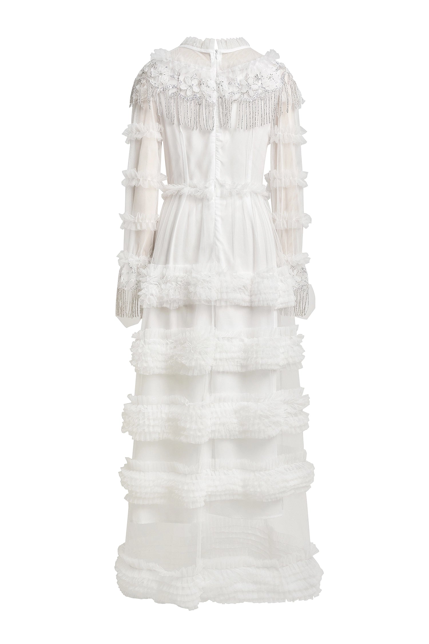 Kimberley White Beaded Frill Round Neck Midi Dress Avalabel