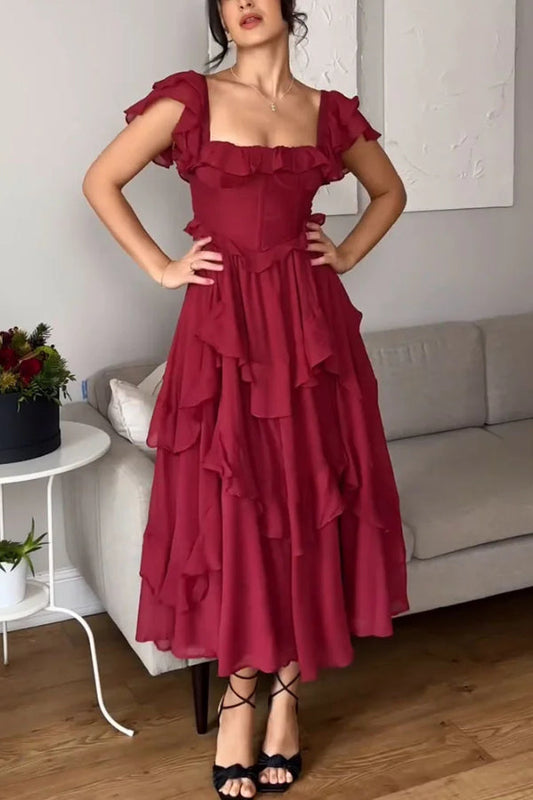 Square Neck Ruffle Sleeves Backless Dress