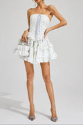 Martha Ruffle Printed Strapless Mini Dress in Blue Avalabel