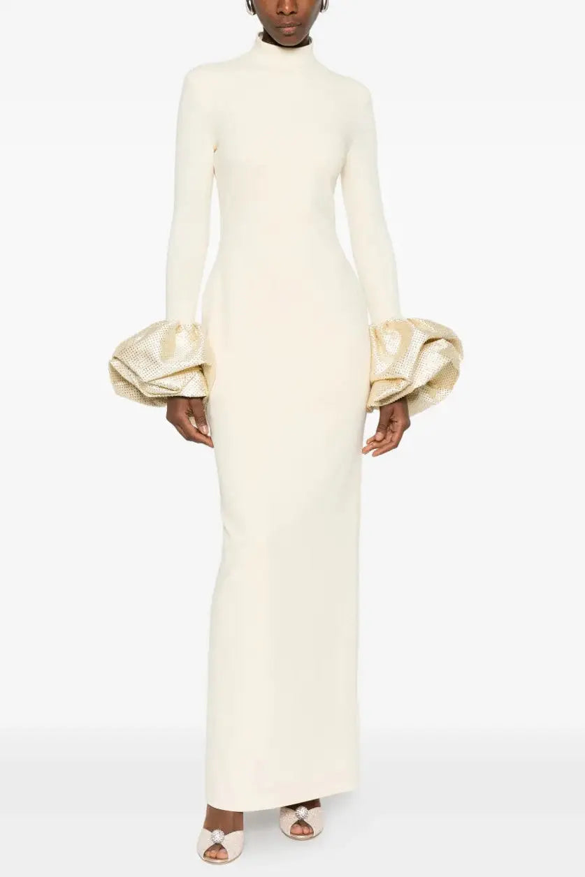 rachel white ruffled crystal-embellished crepe mock-neck gown Avalabel