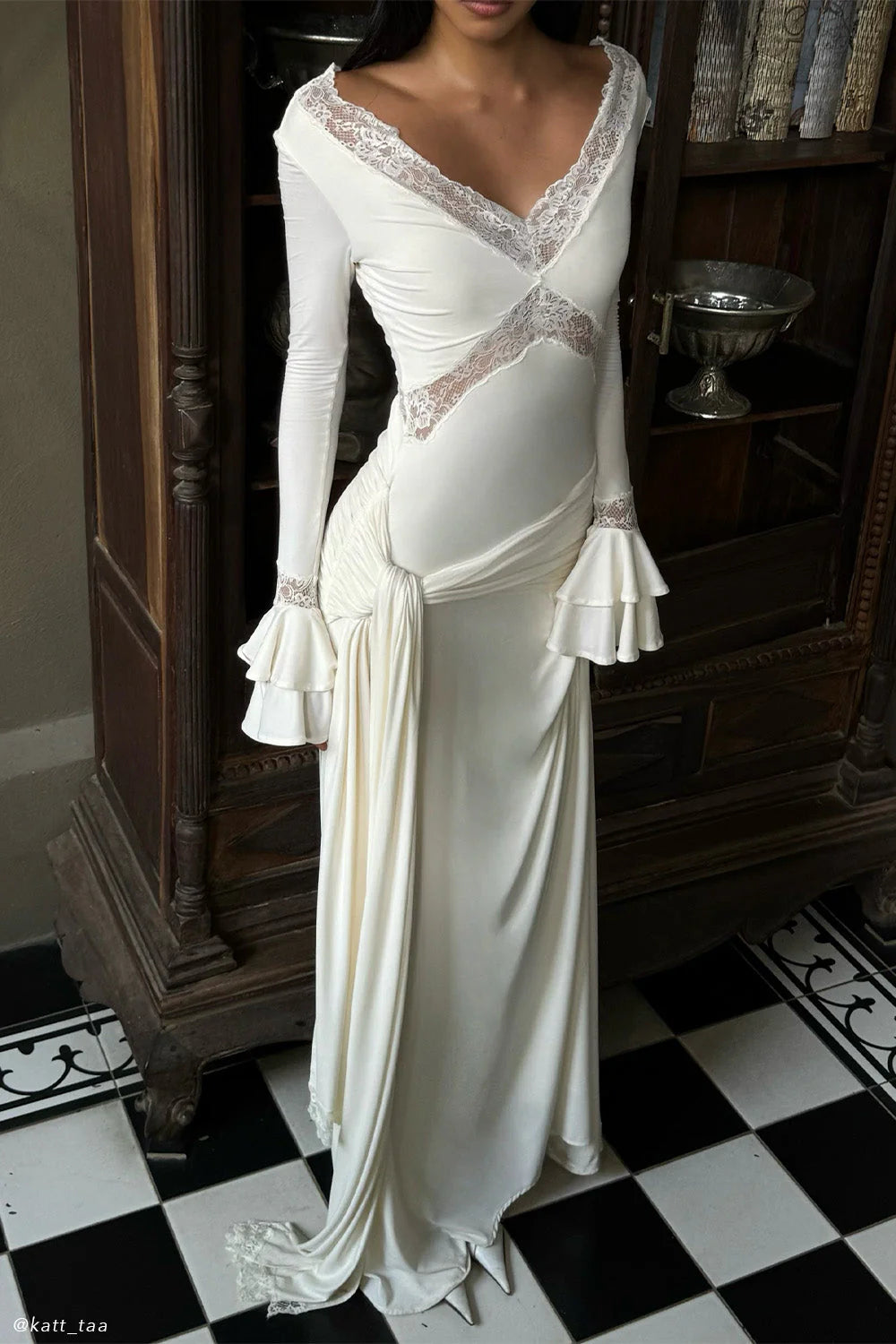pamela V-neck lace see-through maxi dress in white Avalabel