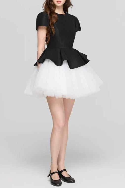Two-Tone Velvet Ruffle Hem Puffy Mini Dress Avalabel