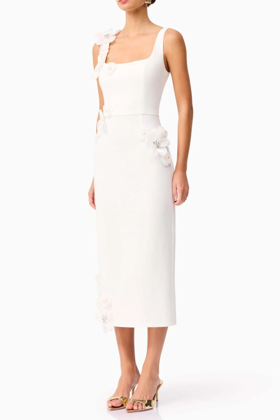 Sabrina 3D Flower Midi Dress in White Soraya
