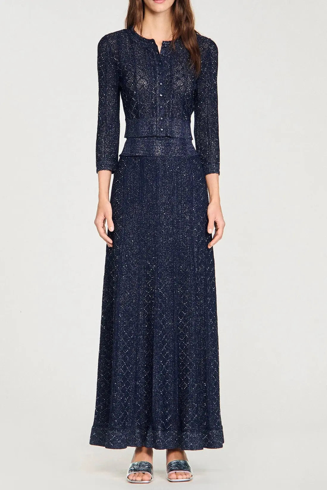 alexandra Rhinestone knit maxi skirt in navy blue Avalabel