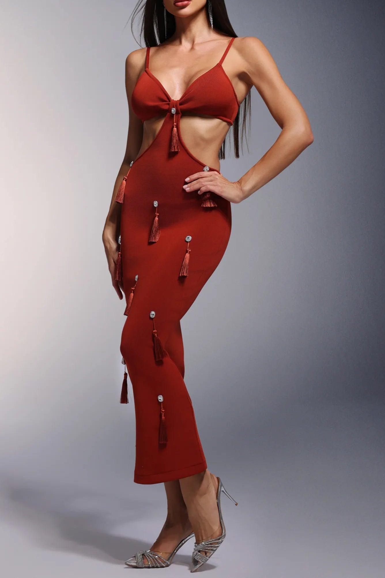 Deep-V Diamond Tassels Bandage Maxi Dress in red