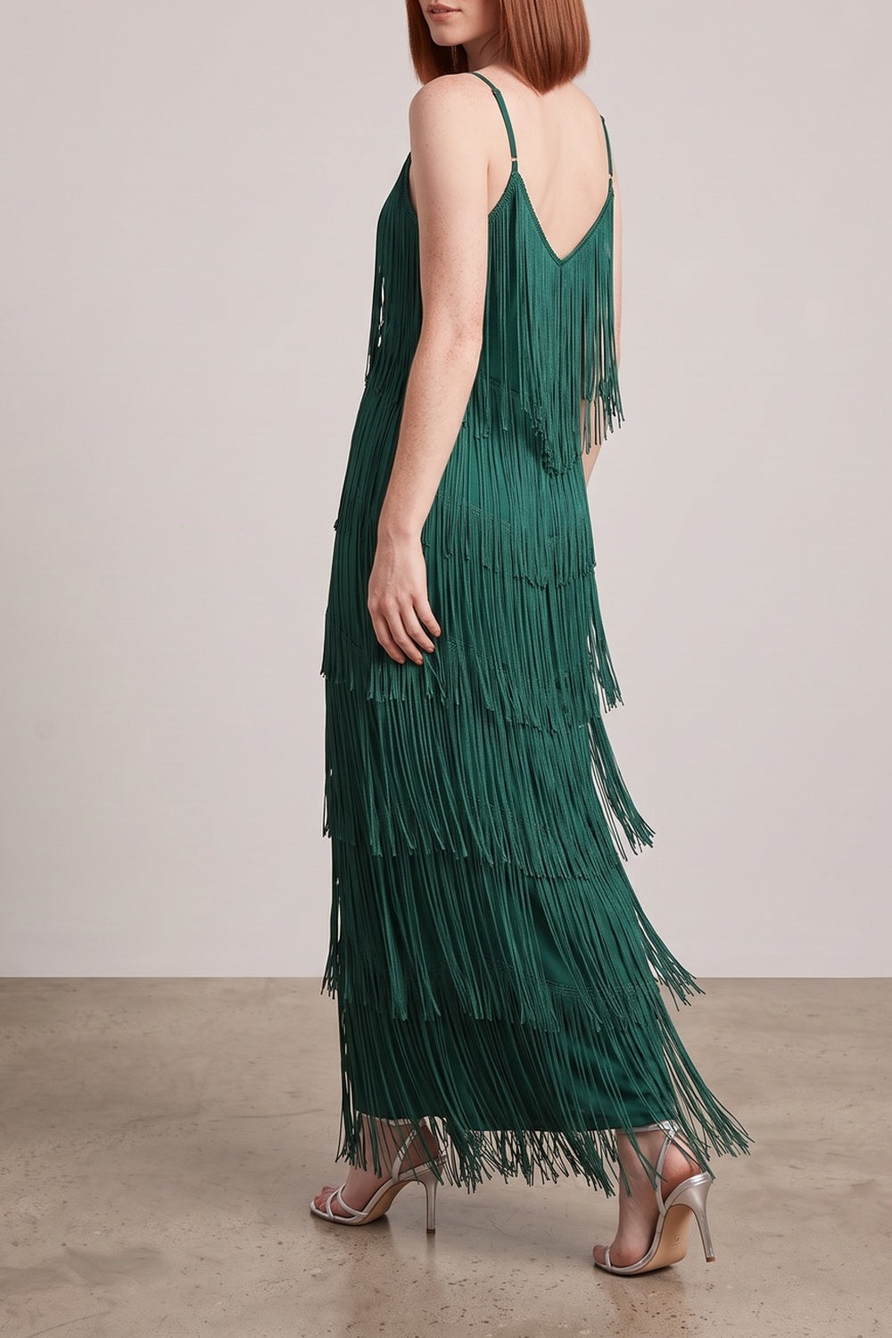 Spaghetti Strap V-Neck Layered Fringe Maxi Dress poava