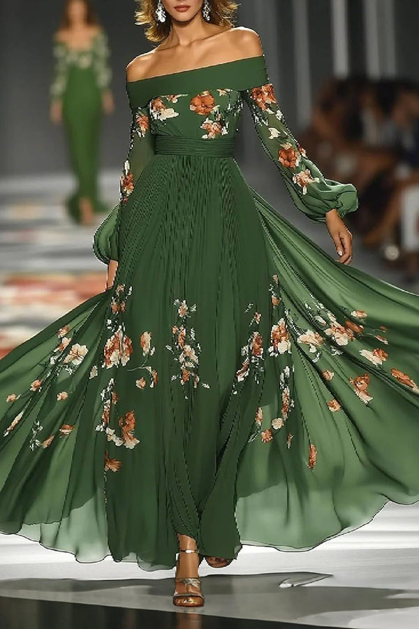Floral Print Elegant Off-shoulder Fitted Waist Maxi Dress Avalabel