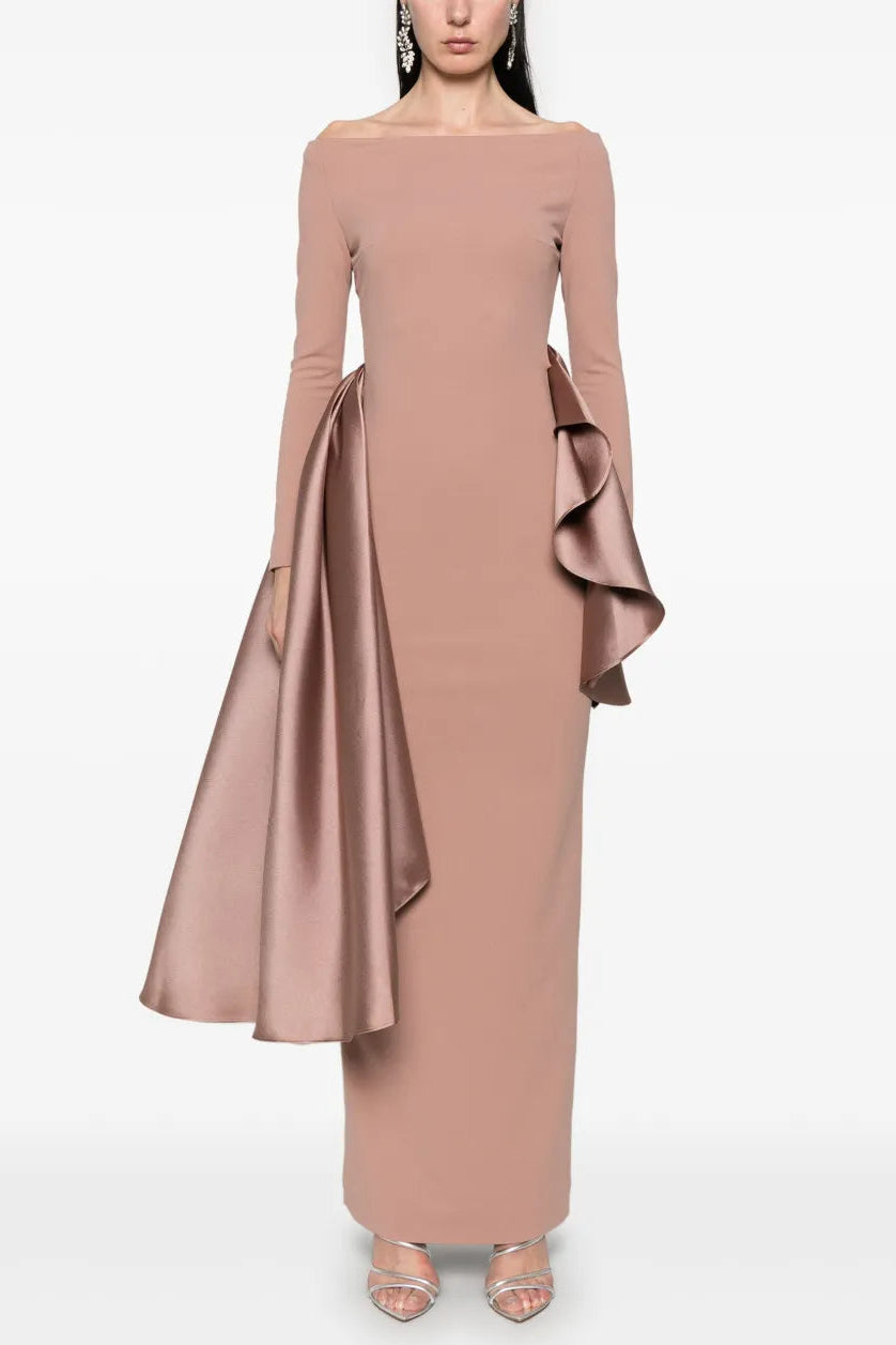 miranda ruffle trim long sleeve maxi dress in pink Avalabel