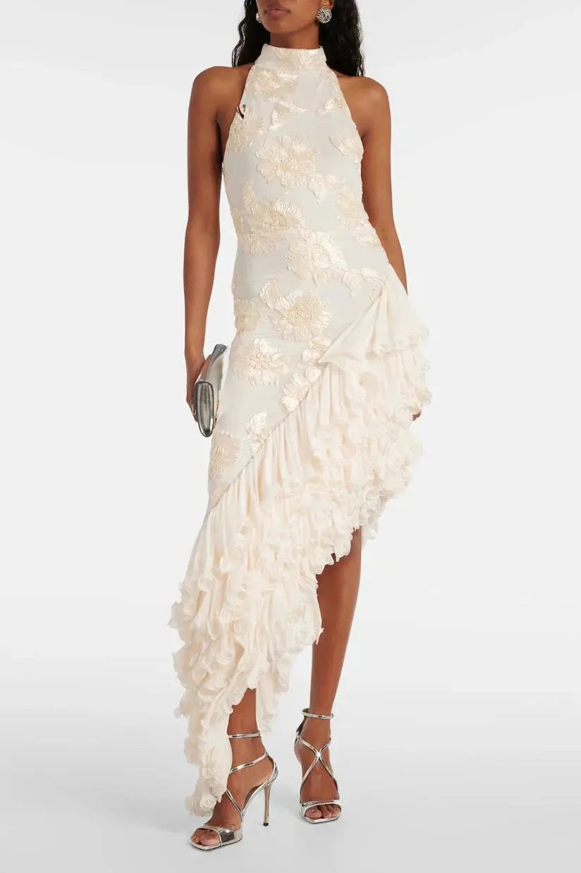 roberta white Asymmetric appliqué halter sleeveless midi dress Avalabel