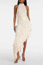 roberta white Asymmetric appliqué halter sleeveless midi dress Avalabel