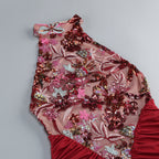 Tracy Sequin Embroidery Halter Maxi Dress in Red Avalabel