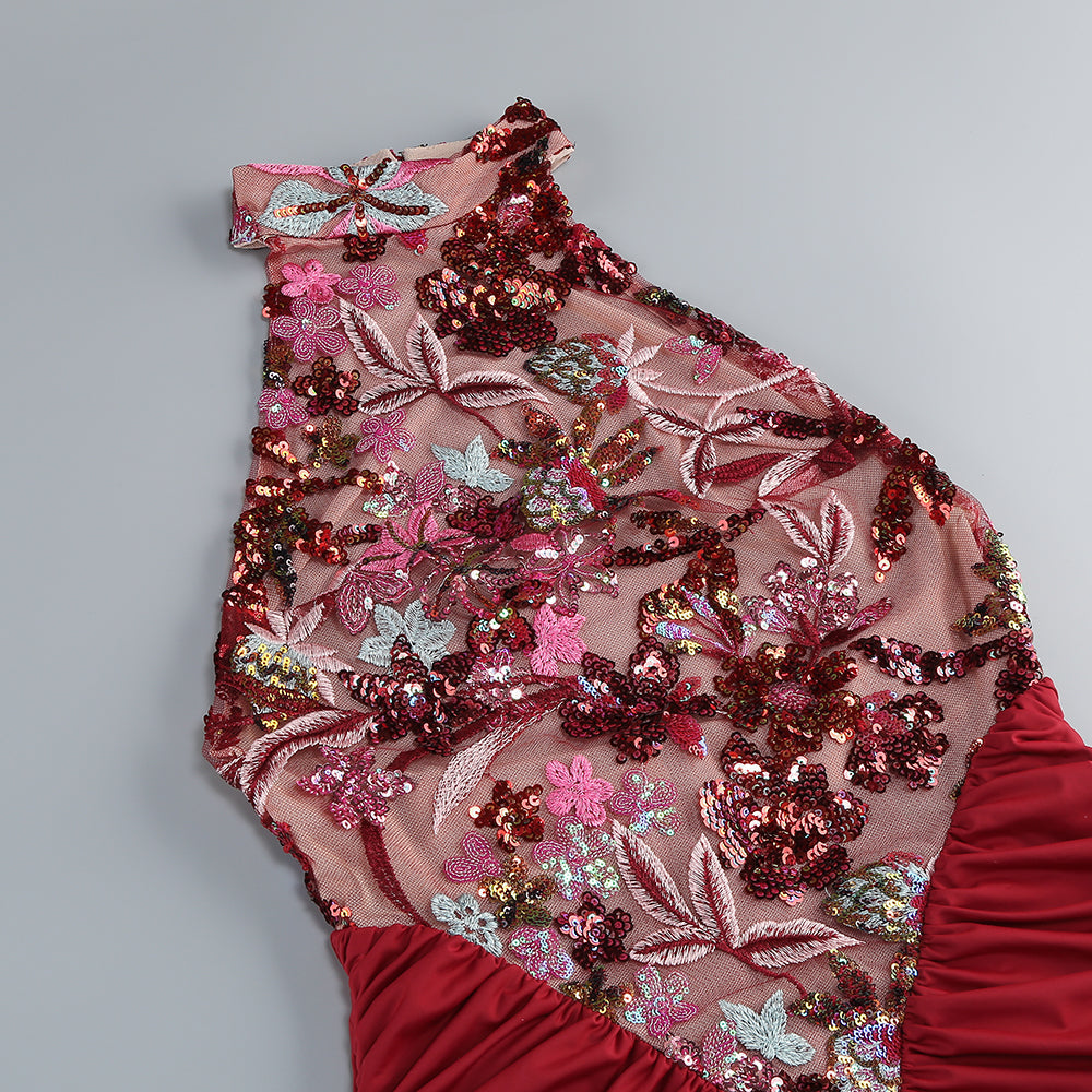 Tracy Sequin Embroidery Halter Maxi Dress in Red Avalabel