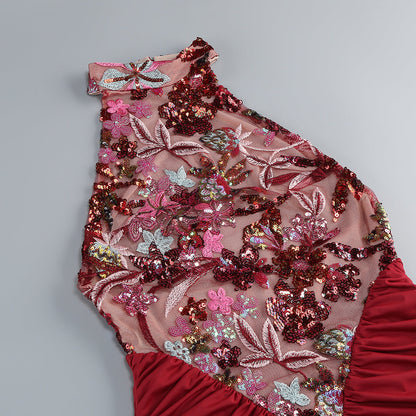 Tracy Sequin Embroidery Halter Maxi Dress in Red