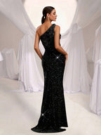 Black Floral Panel One Shoulder Cocktail Dress Avalabel