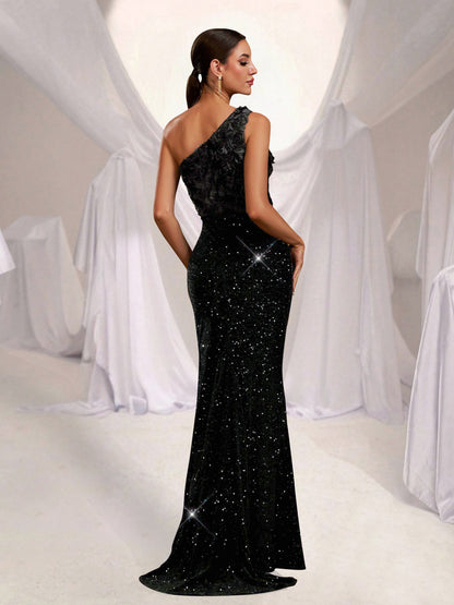 Black Floral Panel One Shoulder Cocktail Dress