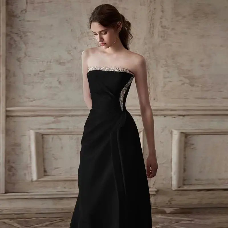 Mermaid Ruched Strapless Beading Black Prom Dress Avalabel