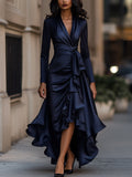Midnight Blue Draped Satin Maxi Dress With Ruffle Details Avalabel