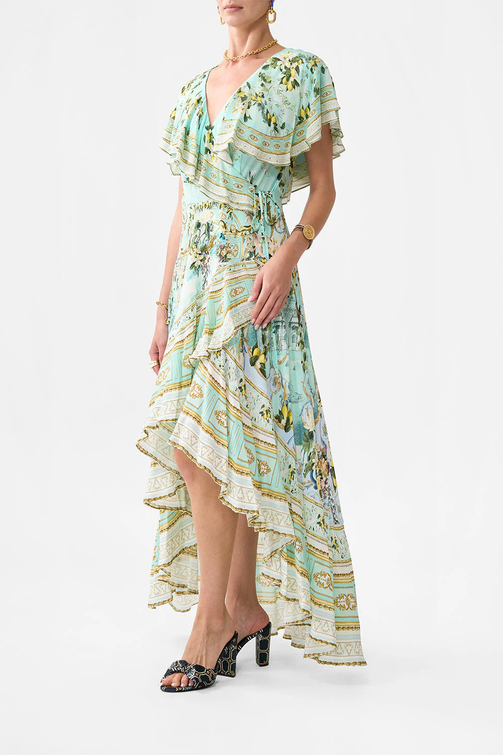 Green-Multi Printed Ruffled V-Neck Irregular Hem Silk Maxi Dress Avalabel