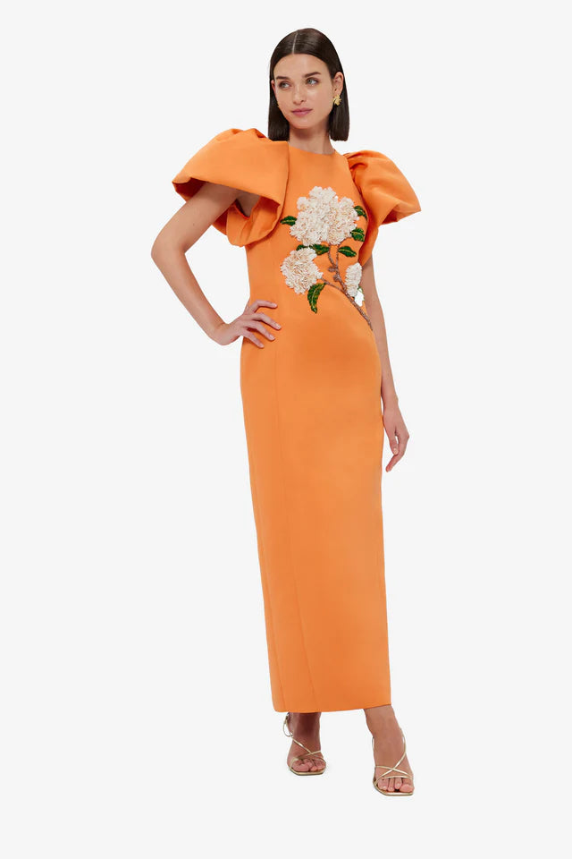 Edwina Embellished Maxi Dress Hydrangea Print in Tangerine Avalabel