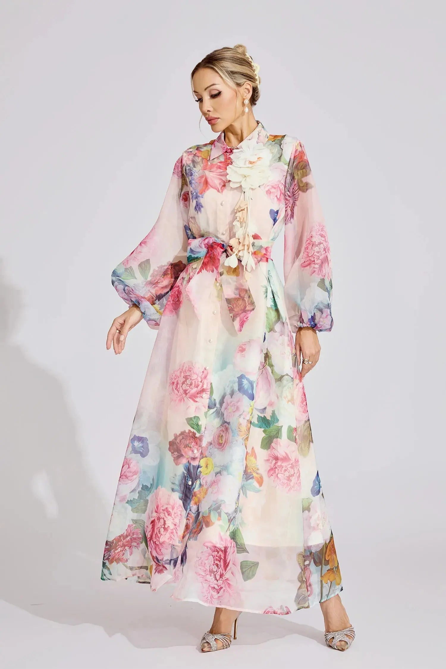 Vivien Pink Floral Printed Lantern Sleeve Maxi Dress Avalabel