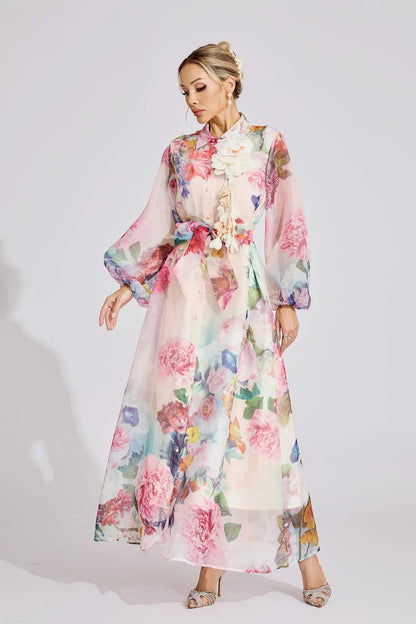 Vivien Pink Floral Printed Lantern Sleeve Maxi Dress