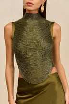 Sleeveless Turtleneck Tassel Paneled Top and Satin Skirt Set in green Avalabel