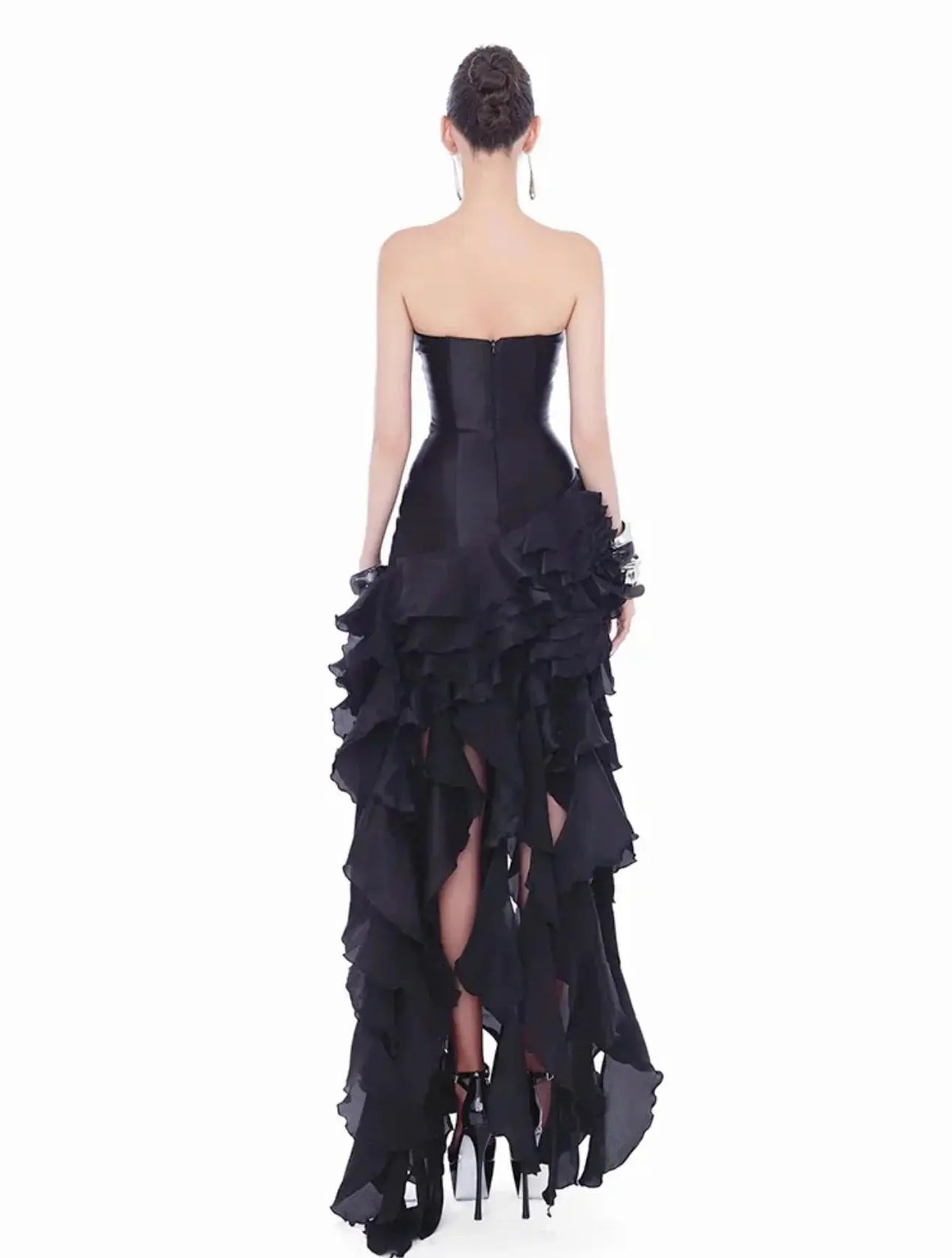 sabrina Ruffle Crystal strapless midi dress in black Avalabel