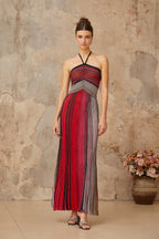 Ulysse Red Metallic Knit Halterneck Maxi Dress Avalabel