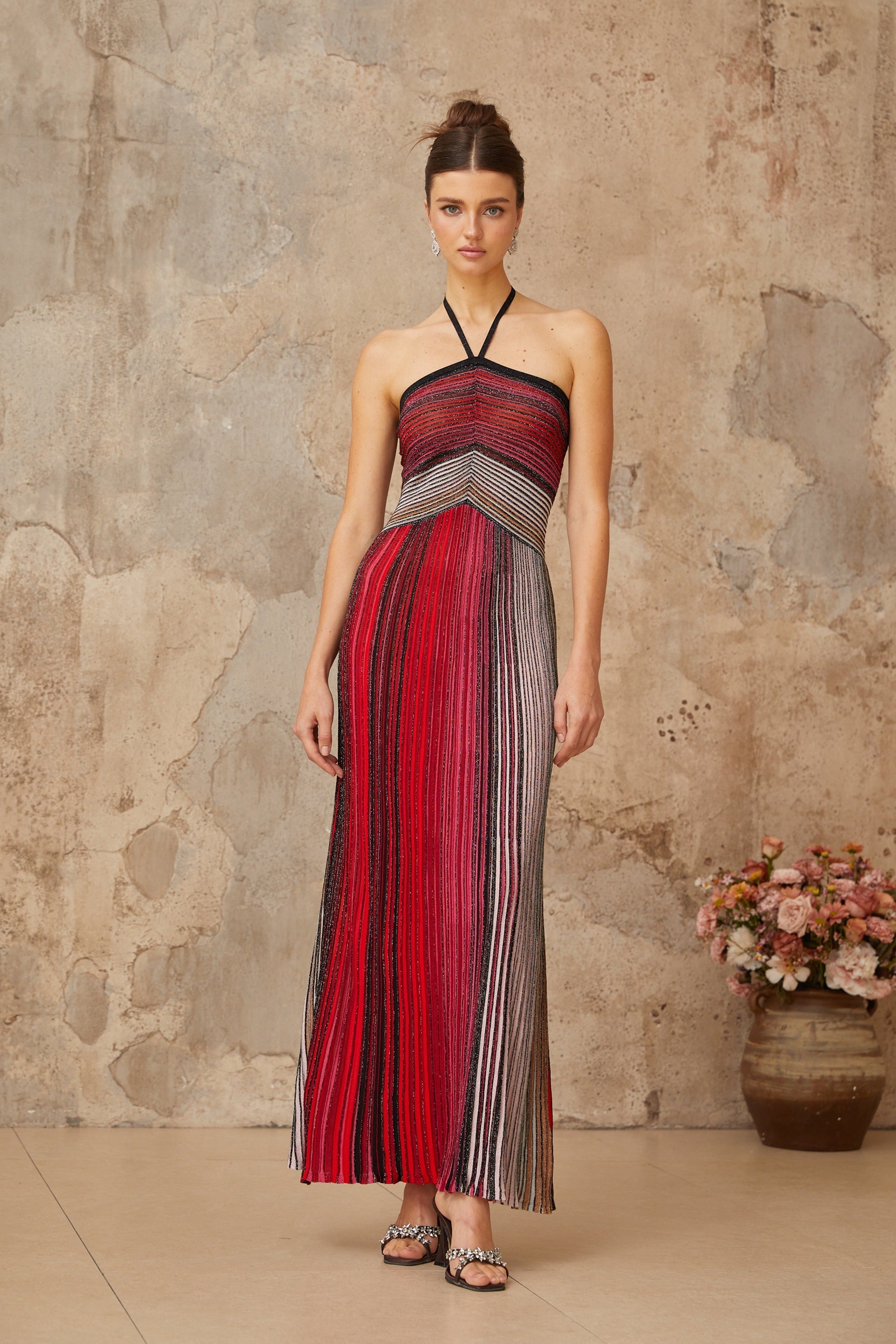 Ulysse Red Metallic Knit Halterneck Maxi Dress Avalabel