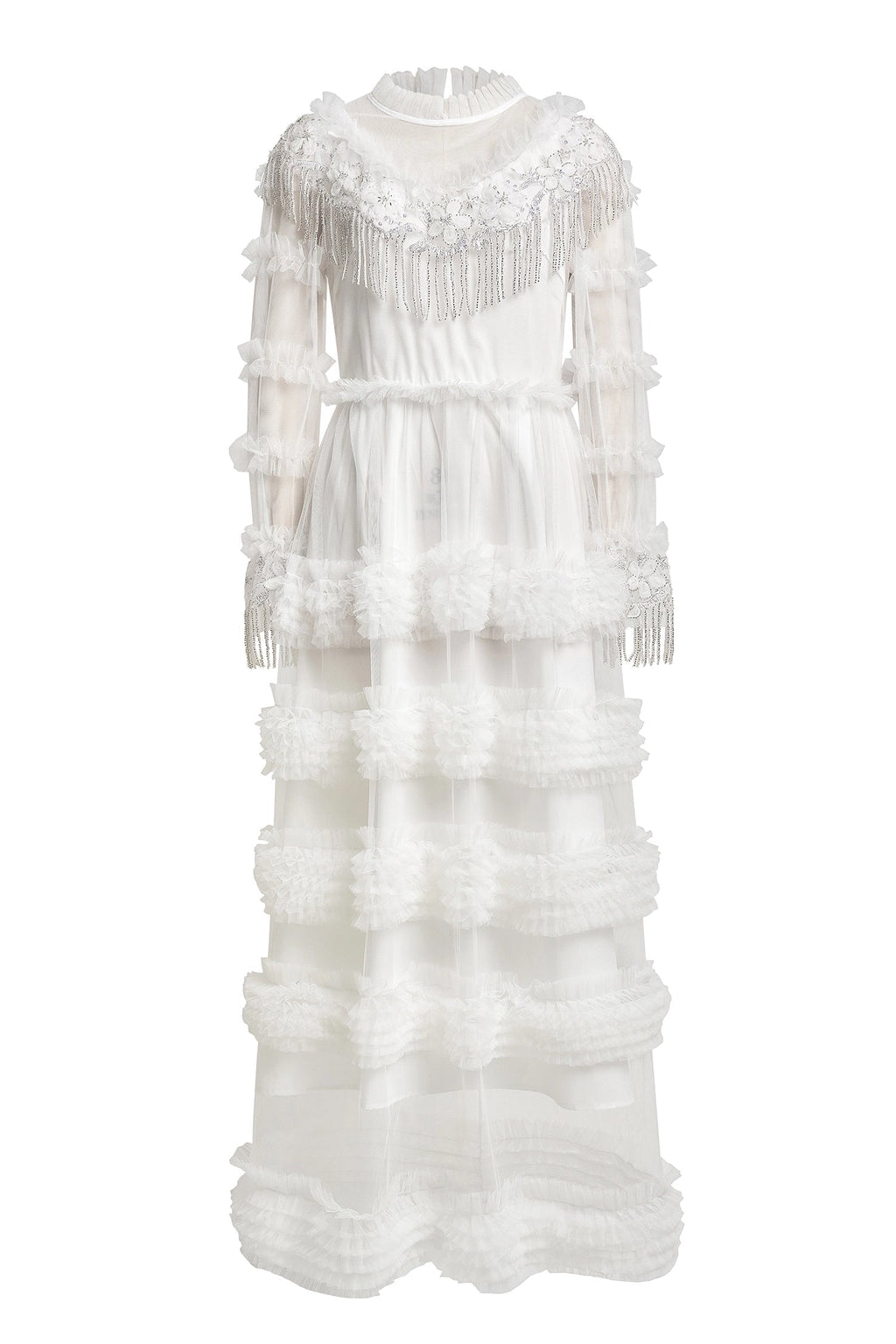 Kimberley White Beaded Frill Round Neck Midi Dress Avalabel