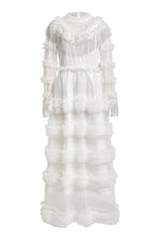 Kimberley White Beaded Frill Round Neck Midi Dress Avalabel