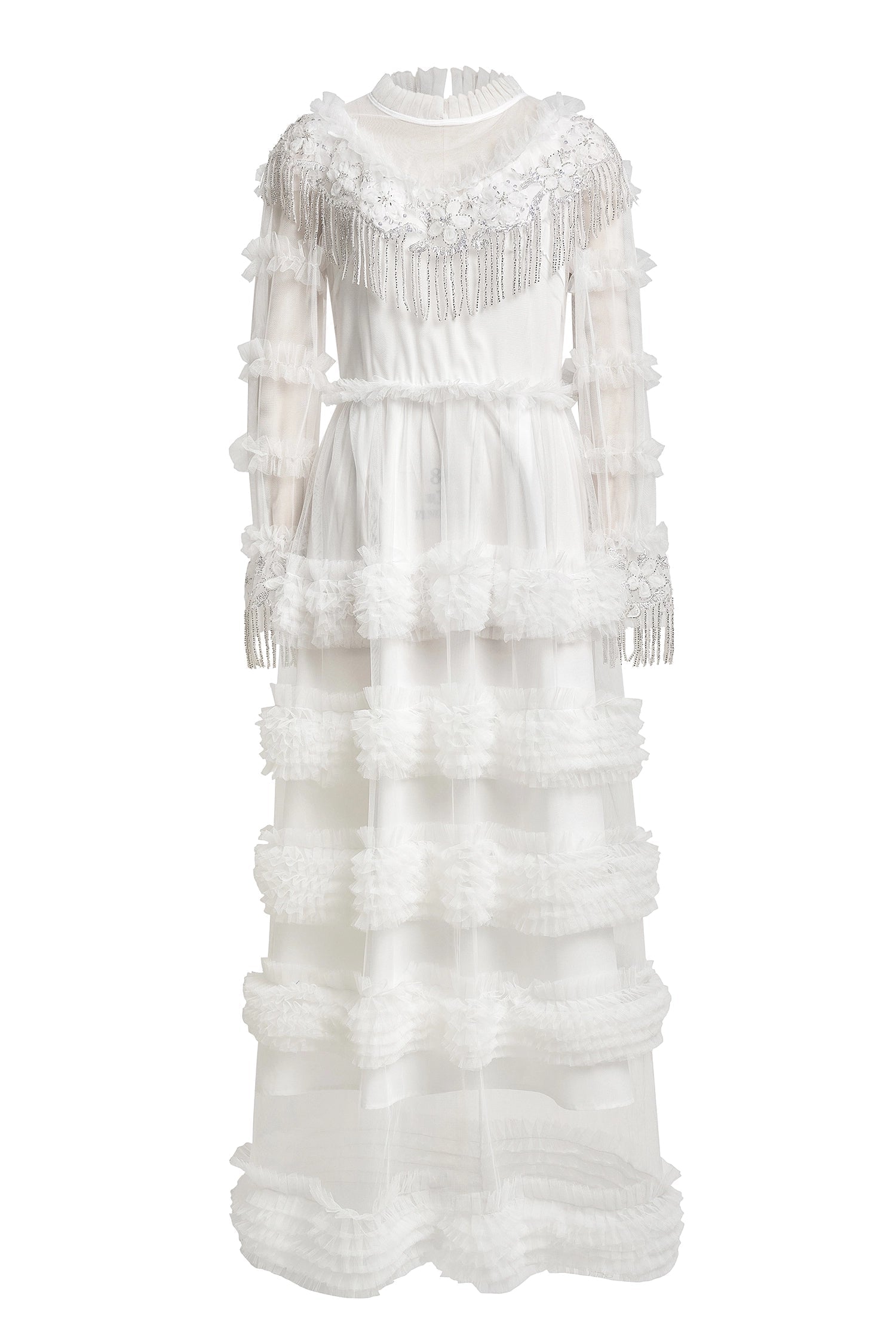Kimberley White Beaded Frill Round Neck Midi Dress Avalabel